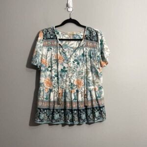 Women's Floral Peasant Blouse - Teal & Peach